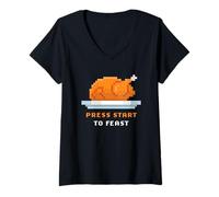 Femme Retro Arcade Pixelated Game Turkey - Press Start to Feast T-Shirt avec Col en V