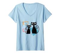 Femme Retro Atomic Age Mid-Century Twin Cat Vintage Modern Design T-Shirt avec Col en V