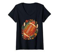 Femme Retro Boho Football with Flowers Fall T-Shirt avec Col en V