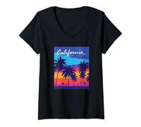 Femme Retro California Sunset Palm Tree Beach Vibes Vacances T-Shirt avec Col en V