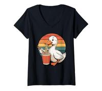 Femme Rétro Canard Nouilles Instantanées en Gobelet Canards T-Shirt avec Col en V