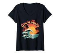 Femme Retro Cancun Mexico Sunset Ocean Wave Travel T-Shirt avec Col en V