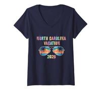 Femme Rétro Caroline du Nord Vacances 2026 Vacay Swim Voyage T-Shirt avec Col en V