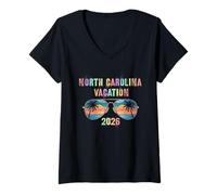 Femme Rétro Caroline du Nord Vacances 2026 Vacay Swim Voyage T-Shirt avec Col en V