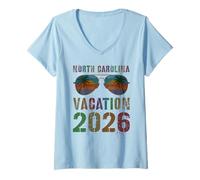 Femme Rétro Caroline du Nord Vacances 2026 Vacay Swim Voyage T-Shirt avec Col en V