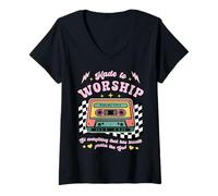 Femme Retro Cassette Made to Worship Christian Music Bible Faith T-Shirt avec Col en V