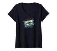 Femme Retro Cassette Tape Rewind & Chill 80s 90s Music T-Shirt avec Col en V