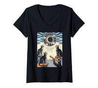 Femme Retro Cats Total Solar Eclipse 2026 Visualisation d'un événement céleste T-Shirt avec Col en V