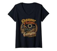 Femme Rétro Chasseur d'Éclipse Solaire Français 2026 Astronomie T-Shirt avec Col en V