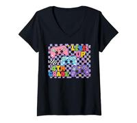 Femme Retro Checkered Level Up 4th Grade Gamer Back to School T-Shirt avec Col en V