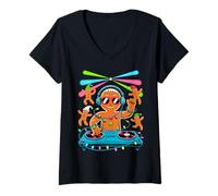 Femme Retro Christmas House Music Santa DJ Techno Rave EDM Xmas T-Shirt avec Col en V