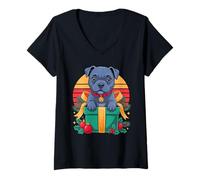 Femme Retro Christmas Staffordshire Bull Terrier X-Mas Staffy T-Shirt avec Col en V