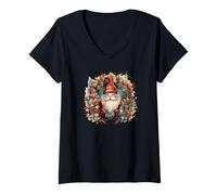 Femme Retro Christmas Wreath with Pine Cones Xmas GNOME Santa T-Shirt avec Col en V