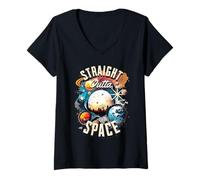 Femme Retro Cosmic Space Planets Galaxy Sci FI Art T-Shirt avec Col en V