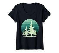 Femme Rétro Coucher De Soleil Nature Amoureux Ecologie Silhouette Forêt T-Shirt avec Col en V