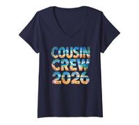 Femme Retro Cousin Crew 2026 Camp Famille Vacances Voyage Croisière T-Shirt avec Col en V