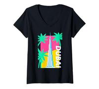 Femme Rétro Dubai Art Burj Khalifa Palmiers Style Vintage T-Shirt avec Col en V