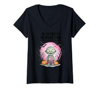Femme Rétro en Octobre, Nous portons Une Campagne de Sensibilisation au Cancer du Sein avec Un Zombie Rose T-Shirt avec Col en V
