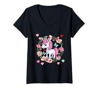 Femme Rétro Enfant Licorne Licorne Cœur Cœur Fleur Fille Femme T-Shirt avec Col en V