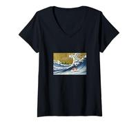 Femme Retro Funny Guinea Pig Surfing a Great Wave Kanagawa Hokusai T-Shirt avec Col en V
