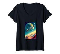 Femme rétro futuriste Espace paysages géométrie Minimale Vaisseau Spatial T-Shirt avec Col en V