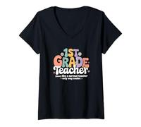 Femme Retro Groovy 1ère année Enseignant Primaire école Primaire T-Shirt avec Col en V