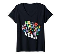 Femme Retro Groovy Bonjour, Je suis géniale mais tu Peux m'appeler Vera T-Shirt avec Col en V