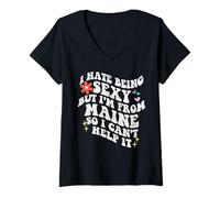 Femme Retro Groovy déteste être Sexy mais Je Viens de Maine State Girl T-Shirt avec Col en V