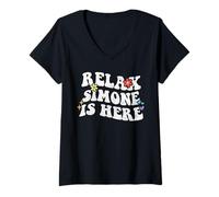 Femme Retro Groovy Relax Simone is Here Nom Amusant pour la fête des mères T-Shirt avec Col en V