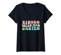Femme Retro Groovy Teacher de Kindergarten Dream Team revient à l'école T-Shirt avec Col en V