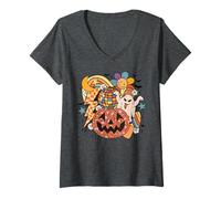 Femme Rétro Halloween Fantôme Disco Citrouille Daisy Rainbow Groovy Fun T-Shirt avec Col en V