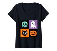 Femme Rétro Halloween Ghost Sugar Skull Black Cat and Pumpkin T-Shirt avec Col en V