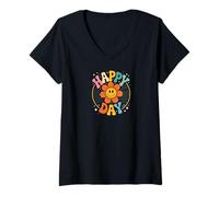 Femme Retro Happy Day Smiling Flower Vintage Groovy 70s T-Shirt avec Col en V