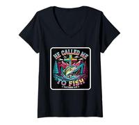 Femme Rétro He Called Me to Fish Jésus Chrétien Church Bible Men T-Shirt avec Col en V