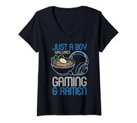 Femme Retro Juste Un garçon Qui Aime Les Jeux et Les Ramen Retro Gamer T-Shirt avec Col en V