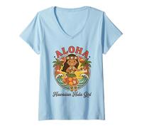 Femme Retro Kawaii Hula Girl Aloha Tropical Beach Sunset Hawaï T-Shirt avec Col en V