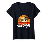 Femme Rétro Koh Chang Coucher de Soleil Palmiers Vintage Voyage Design T-Shirt avec Col en V