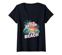 Femme Rétro Life is Better at Beach Salty Trip Vacation Beaching T-Shirt avec Col en V