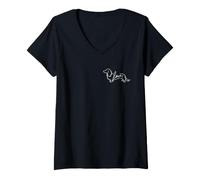 Femme Retro Minimalist Line Art Long Haired Dachshund Pocket Love T-Shirt avec Col en V