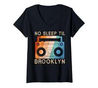 Femme Retro No Sleep Til Brooklyn Stéréo Portable Vintage T-Shirt avec Col en V