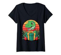 Femme Rétro Noël T-Rex Dinosaure X-Mas Tyrannosaurus Rex T-Shirt avec Col en V