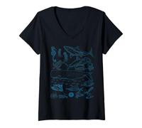 Femme Retro Ocean Wildlife - Shark, Fish & Octopus Vibes T-Shirt avec Col en V