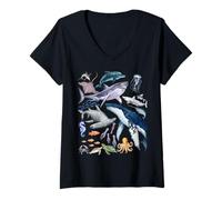Femme Retro Ocean Wildlife - Shark, Fish & Octopus Vibes T-Shirt avec Col en V