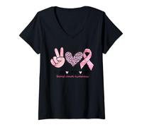 Femme Retro Peace Love Cure Léopard Cœur Cancer du Sein Soutien T-Shirt avec Col en V