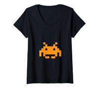 Femme Rétro Pixel Alien 8-Bit Space Gamer Art Classique Style Arcade T-Shirt avec Col en V