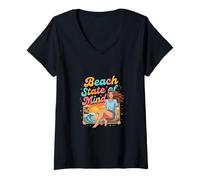 Femme Rétro Plage Coucher de Soleil Littoral Lifestyle Illustration T-Shirt avec Col en V