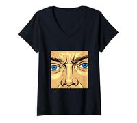 Femme Rétro Pop Art Comic Face Blue Eyes Red Dot Graphic T-Shirt avec Col en V