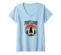 Femme Retro Portland Sunset Mountain Design Vintage Oregon Forest T-Shirt avec Col en V
