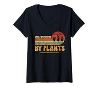Femme Retro Pots Easily Distracted by Plants | Botany Plant Lover T-Shirt avec Col en V