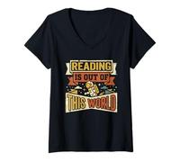 Femme Retro Reading is Out of This World Space Astronaute Book T-Shirt avec Col en V